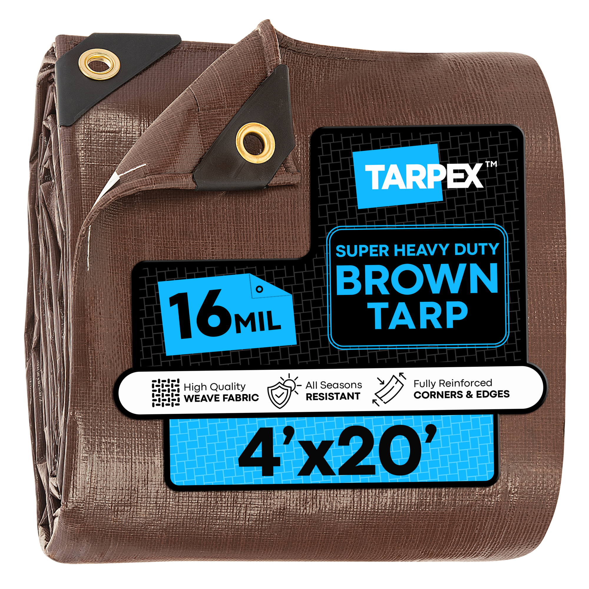 TARPEX 4' x 20' Brown Super Heavy-Duty 16 Mil Poly Tarp – Waterproof, UV-Treated, Reinforced Edges, Aluminum Grommets